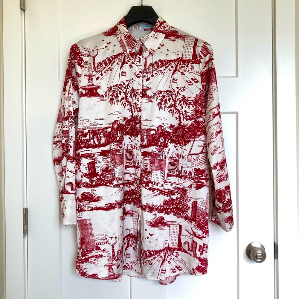Maison Garrison Women’s Satin Blouse, Red and White Long Sleeves.